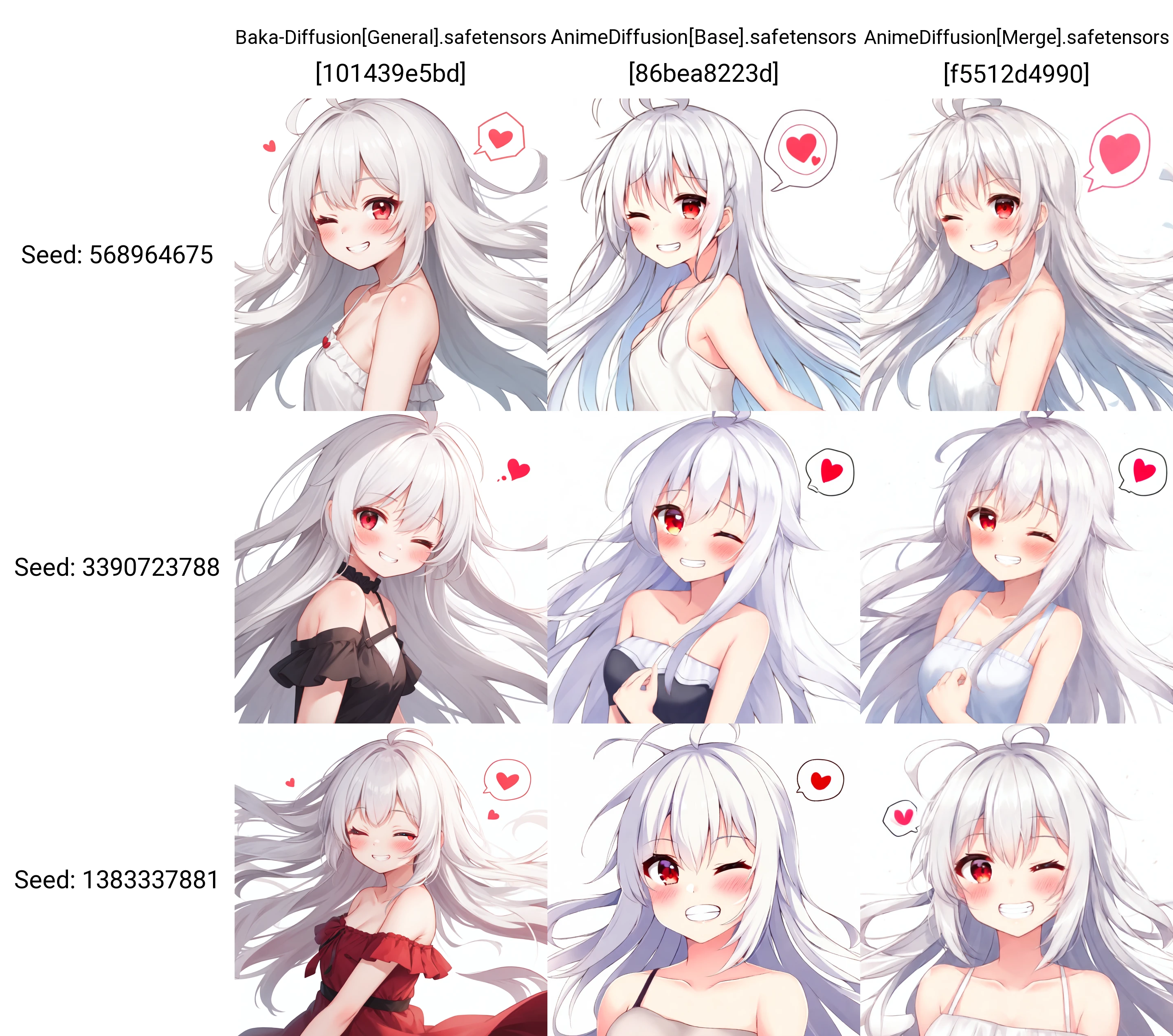 masterpiece, best quality, 1girl, solo, from side, looking at the viewer, blush, ahoge, long hair, white hair, red eyes, blush, one eye closed, grin, bare shoulders, collarbone, wind, spoken heart, white background