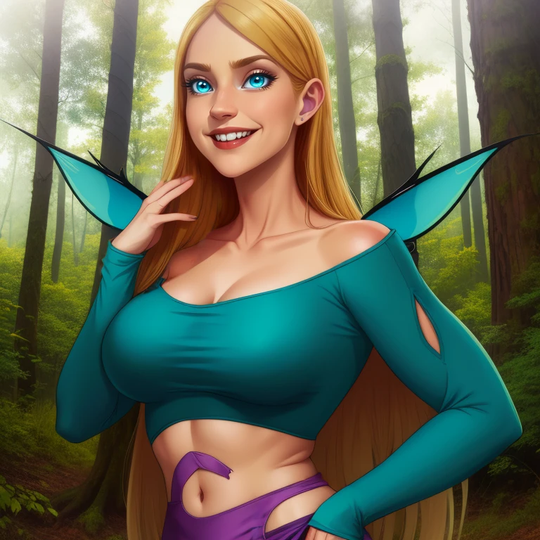 Cornelia,long blond hair,blue eyes,solo,smiling,
Hale,striped pantyhose,long purple skirt,fairy wings,purple boots,collarbone,long sleeves,teal crop top,
from below,
morning,forest,earth,
(insanely detailed, beautiful detailed face, masterpiece, best quality),<lora:CorneliaHale-10W2:0.8>,