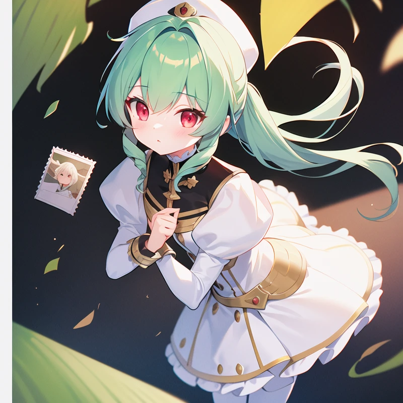 1girl, solo, masterpiece, best quality, illustration, absurdres, cute, film_grain, extremely detailed face, perfect lighting, cowboy shot, <lora:vanilla_h:0.7>, vanilla_h_galaxy_angel, green hair, dress, frills, green hair, juliet sleeves, long hair, long sleeves, ponytail, puffy sleeves, red eyes, white dress, pantyhose, white pantyhose, white legwear, thighhighs, science fiction, frilled skirt, white footwear, white skirt, drill hair, hat,