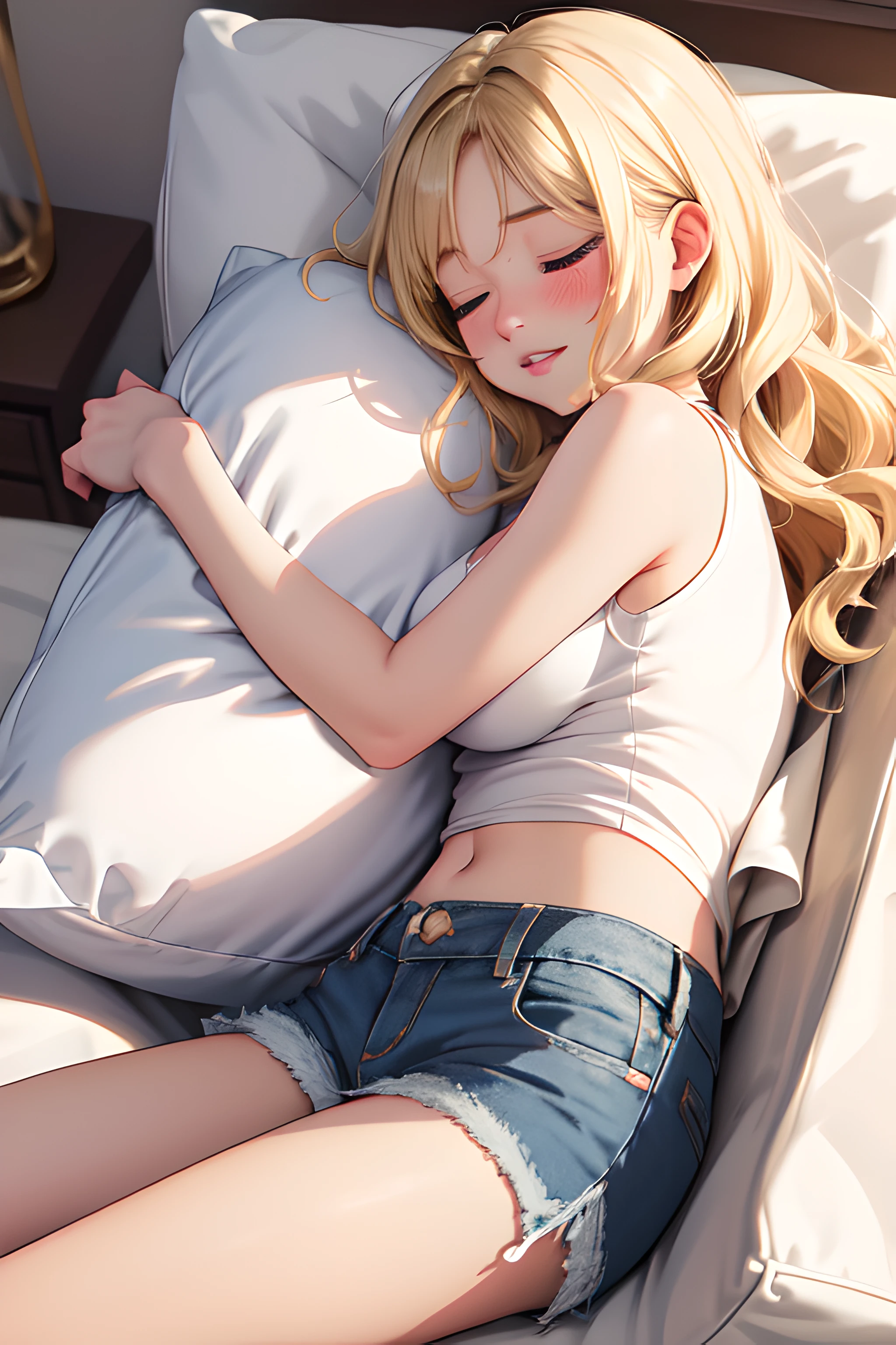 (masterpiece, best quality), 1girl, solo, blonde hair, long hair, curly hair, parted bangs, blue eyes, large breasts, pale skin, long eyelashes, indoors, white tank top, skin tight, midriff, denim shorts, on couch, lying, cushion, sleeping, closed eyes, parted lips, dutch angle, leg lift, light smile, light blush, pillow hug
