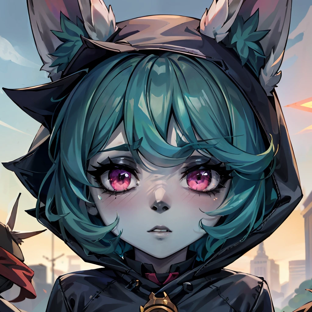 2d, masterpiece, best quality, anime, highly detailed face, perfect lighting, 1girl, solo, green hair, yordle, animal ears, bangs, hood, short hair, pink eyes, (colored skin), (grey skin), (dark skin) , ears through headwear, long sleeves, furry, <lora:vex_lora_1-10:0.9>, close-up,