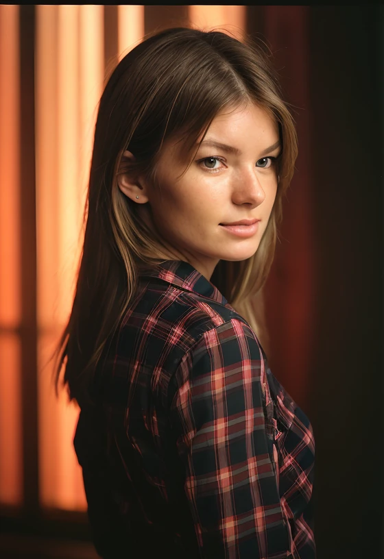 MirisaMiller, (Masterpiece Photo:) of (Happy) woman wearing checkered red and black shirt and blue jeans staring at the viewer ,(checkered red and black shirt), (blue jeans),Highly Detailed,(close portrait:1.3),(Feminine:1.4),(beautiful:1.4),(attractive:1.3),calendar pose,perfectly detailed eyes,studio lighting,thematic background, (high detailed skin:1.2), 8k uhd, dslr, soft lighting, high quality, film grain, Fujifilm XT3,, film, film grain, flare, old film, discolored film, magazine paper, 35mm photo, grainy, vignette, vintage, Kodachrome, Lomography, stained, f1.2 50m