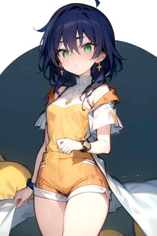 1 girl, <lora:Fabia_Sheen_Bakugan_Gundalian_invaders:1.2>, , fabia_Sheen, blue_hair, long_hair, green_eyes, pink ear rings, white_coat, bare_shoulder, yellow_shirt, short_sleeves, shorts, yellow_shorts, orange_patches,blue thighhigh socks, white boots, wristwatch,, best quality, highly detailed, masterpiece, ( bad_prompt_version2:0.6), best quality, highres, 4k, ultra-detailed, beautiful detailed face, beautiful detailed eyes