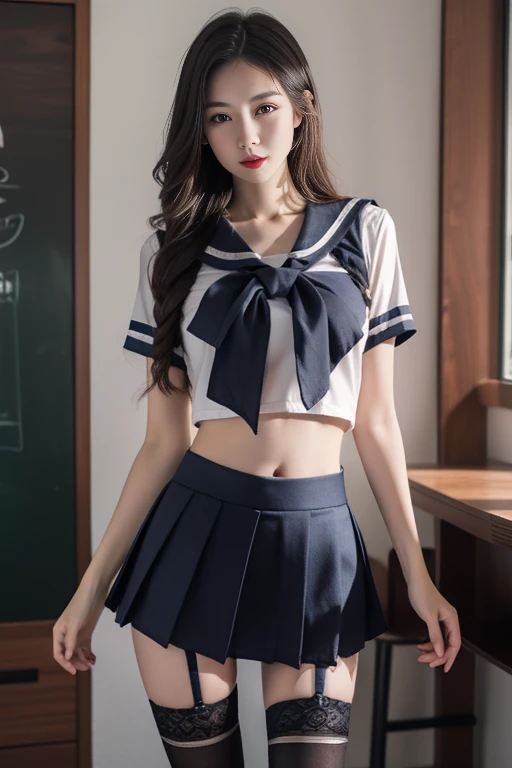 ltra-detailed,highly detailed,best quality,masterpiece,illustration,realistic,photorealistic,
qingquxiaofu, solo, 1girl,
school uniform, serafuku, midriff, crop top, pleated skirt,miniskirt, zettai ryouiki, lace-trimmed legwear,
long hair,
looking at viewer, standing,
<lora:qingquxiaofu_v1_03:0.6>