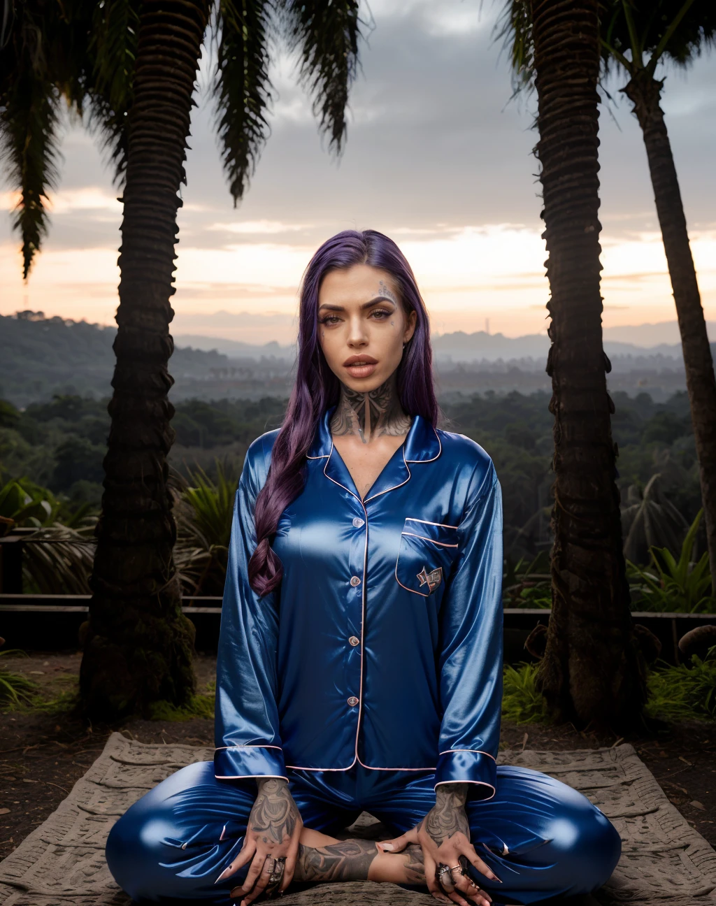 cinematic photo , raw, textured skin, realistic, style raw, <lora:quiron_ChantalDanielle_v3_lora:0.87> ChantalDanielleQuiron Woman,Dressed in the (style of Industrial Mage dark outfit Classic Blue Matching family pajamas with Spear) (with Twilight Jungle in the background ), Balancing in a yoga tree pose, . 35mm photograph, film, bokeh, professional, 4k, highly detailed