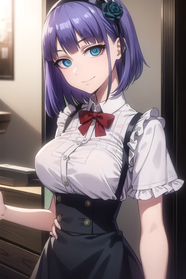 hotarushidare, <lora:hotaru shidare s2-lora-nochekaiser:1>,
hotaru shidare, short hair, blue eyes, hair ornament, purple hair, flower, hairband, hair flower, (ringed eyes:1.5), smile,
BREAK skirt, pantyhose, high heels, black pantyhose, high-waist skirt, shirt, frilled shirt, bowtie, red bowtie, puffy sleeves, short sleeves, white shirt,
BREAK outdoors,
BREAK looking at viewer,
BREAK <lyco:GoodHands-beta2:1>, (masterpiece:1.2), best quality, high resolution, unity 8k wallpaper, (illustration:0.8), (beautiful detailed eyes:1.6), extremely detailed face, perfect lighting, extremely detailed CG, (perfect hands, perfect anatomy),