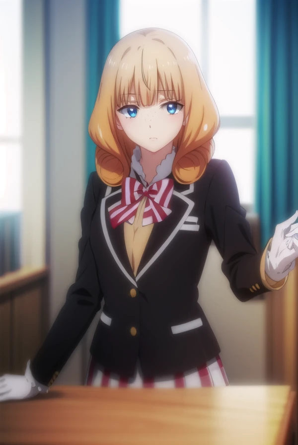 rikasaionji, <lora:rika saionji s1-lora-nochekaiser:1>,
rika saionji, blue eyes, orange hair, freckles,
BREAK skirt, gloves, bow, school uniform, jacket, plaid, plaid skirt, blazer,
BREAK indoors, classroom,
BREAK looking at viewer,
BREAK <lyco:GoodHands-beta2:1>, (masterpiece:1.2), best quality, high resolution, unity 8k wallpaper, (illustration:0.8), (beautiful detailed eyes:1.6), extremely detailed face, perfect lighting, extremely detailed CG, (perfect hands, perfect anatomy),