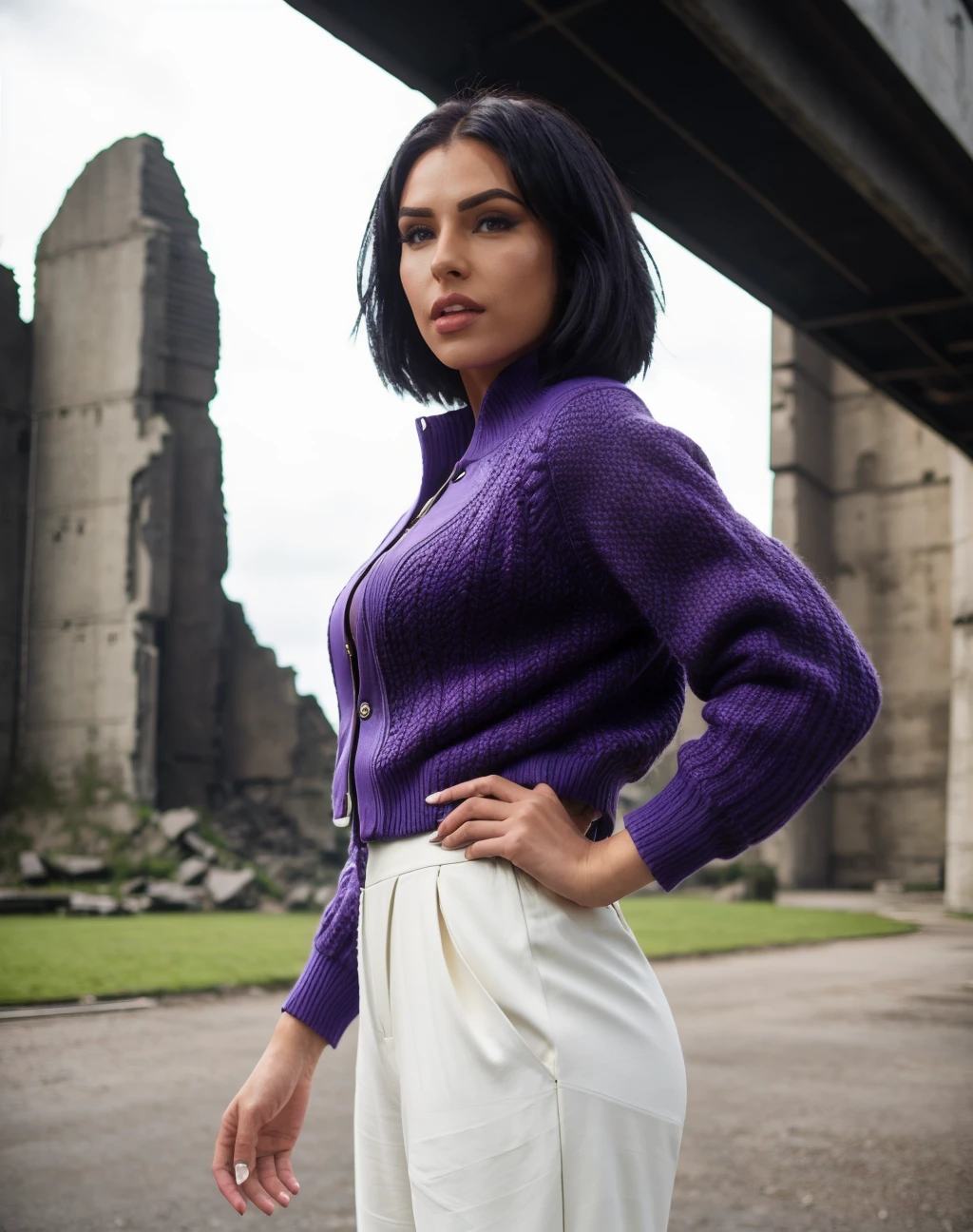 cinematic photo , raw, textured skin, realistic, style raw, <lora:quiron_ChanelSantini_v2_lora:0.67> ChanelSantiniQuiron woman Dressed in the (style of Minimalism Bounty Hunter leather outfit Preppy Purple Cardigan sweater) (with Floating Ruins in the background ), Standing with one hand on the hip, . 35mm photograph, film, bokeh, professional, 4k, highly detailed, realistic, a woman Fencing wearing Cowl neck sweater and Culotte jumpsuit: A jumpsuit with a wide-leg, culotte-style pant bottom.,