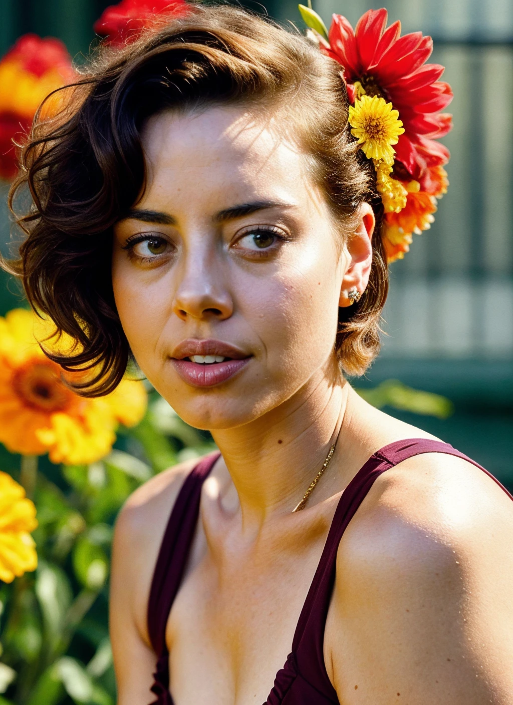 portrait of aubreyplaza-ti by Flora Borsi, style by Flora Borsi, bold, bright colours,  intricate haircut, ((Flora Borsi)), natural lighting, by Peter Lindbergh