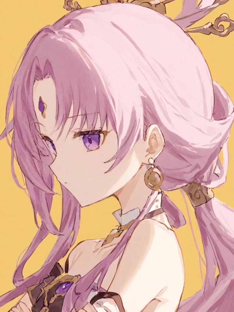 <lora:fuxuan2:0.9>,
1girl,solo,long_hair,crossed_arms,collarbone,bare_shoulders,closed_mouth,hair_rings,purple_eyes,upper_body,bangs,pink_hair,jewelry,purple_hair,yellow_background,earrings,dress,forehead_mark,looking_to_the_side,hair_ornament,parted_bangs,looking_away,