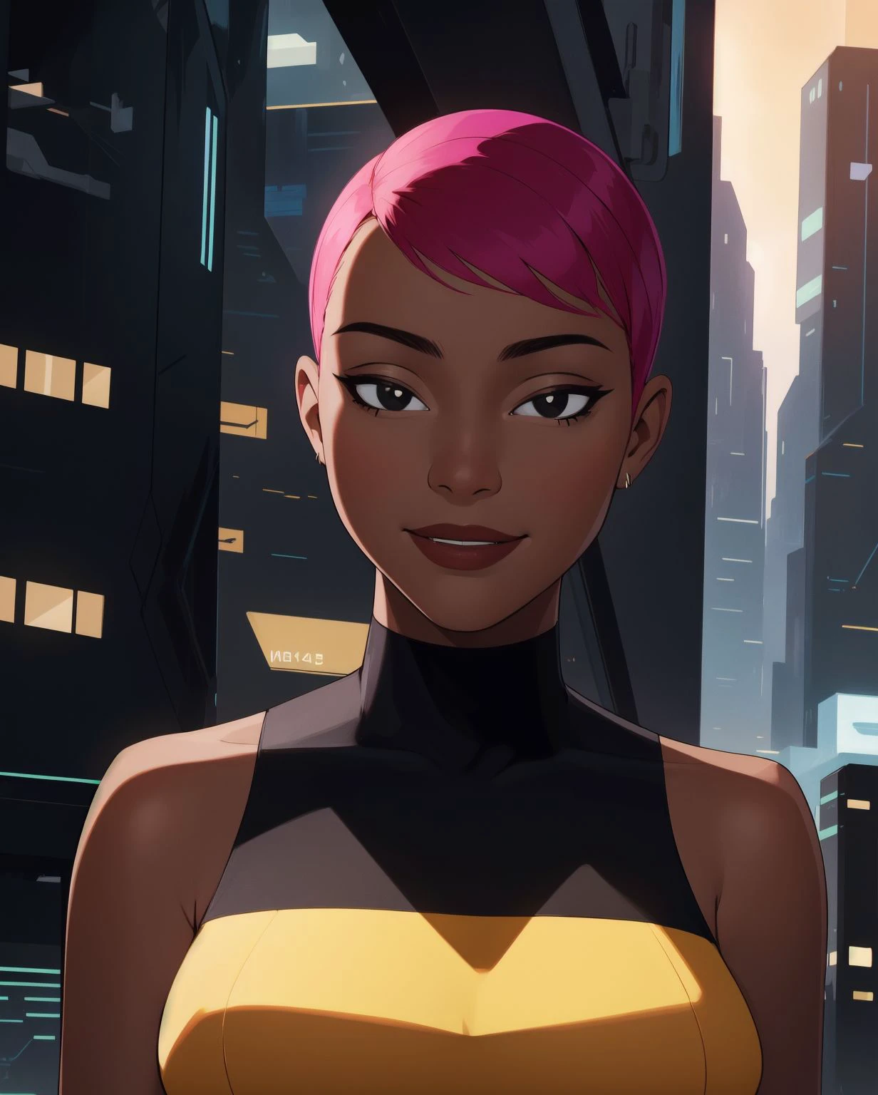 (highly detailed, best quality, high resolution, highly detailed skin:1.3), <lora:m4x1n3BB:0.55> m4x1n3BB, young dark-skinned female, short pink hair, black eyes, yellow sleeveless shirt, upper body, looking at viewer, subtle smile, detailed face,
(magic hour, futuristic city square:1.3)