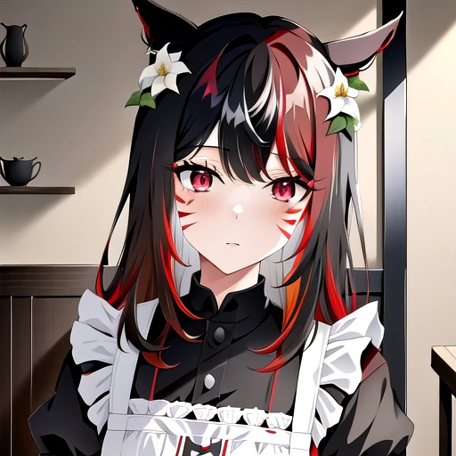 1girl, solo, ryn, maid_glam, indoors, red eyes, multicolored hair, black hair, (dark red hair gradient), miqo'te, facial mark, animal ears, cat ears, (head flower:0.8), white flower<lora:Ryn_WoL_4outfits_cycle2:0.6>