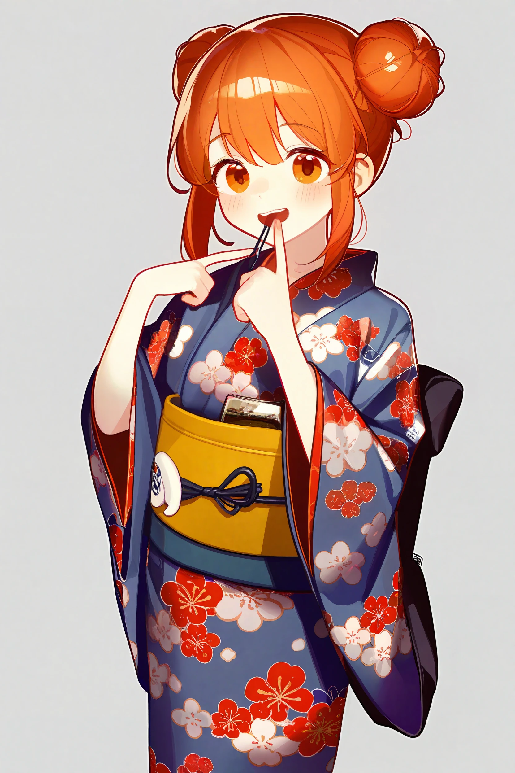 by antifreeze3, best quality, beautiful color, 1girl, solo, white background, looking at viewer, holding bag, blush, smile, finger to mouth, open mouth, red hair, single hair bun, bangs, long sleeves, yukata, obi, floral print
