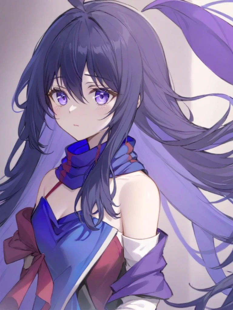 <lora:xier:1>,
1girl,long_hair,bangs,purple_scarf,blue_eyes,hair_between_eyes,ahoge,purple_hair,scarf,blue_hair,bare shoulder,