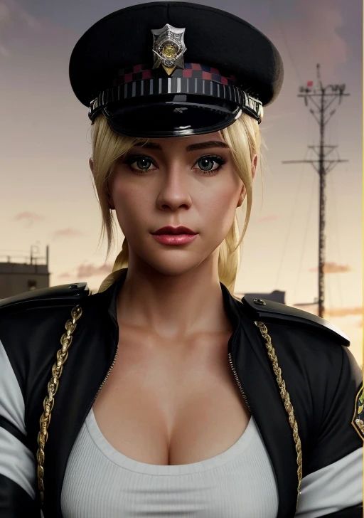Tracy De Santa, posses for a camera in full height, <lora:Tracey_De_Santa-10:0.8>, ((black police uniform)), fit, young 21 old years actress, medium breast, blonde hair, high quality, UHD, 8k, Nikon 50mm f/1.8, cinematic grease, blur