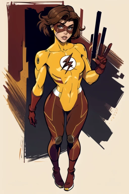 masterpiece,best quality,extreme detail,8k,image sharpness,<lora:flash-20:0.6>,flashwoman,1girl,solo,breasts,looking at viewer,brown hair,gloves,lips,bodysuit,mask,animification,full body,standing pose,(curvy),