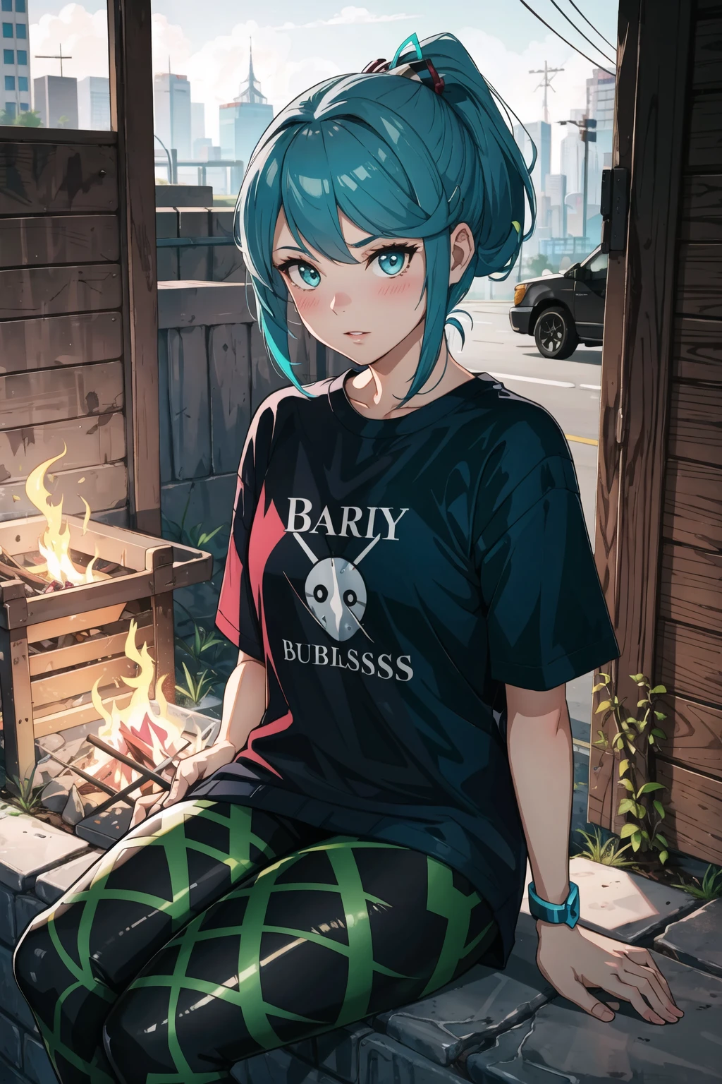 masterpice, best quality, (absurdres), subsurface scattering, 1girl, solo, EPxbcPneuma, <lora:EPxbcPneuma:0.7>, (beautiful face), (looking at viewer:1.1), full lips,
BREAK
(embarrassed, full face blush), detailed background, artistic lighting,
BREAK
T-Shirt Design: Boho Bliss, sitting, sentient robot design studio, fairy dust, cork flooring, kerosene lamps,bonfire, black lights, cyberpunk, sci-fi, sfw, sharp focus,