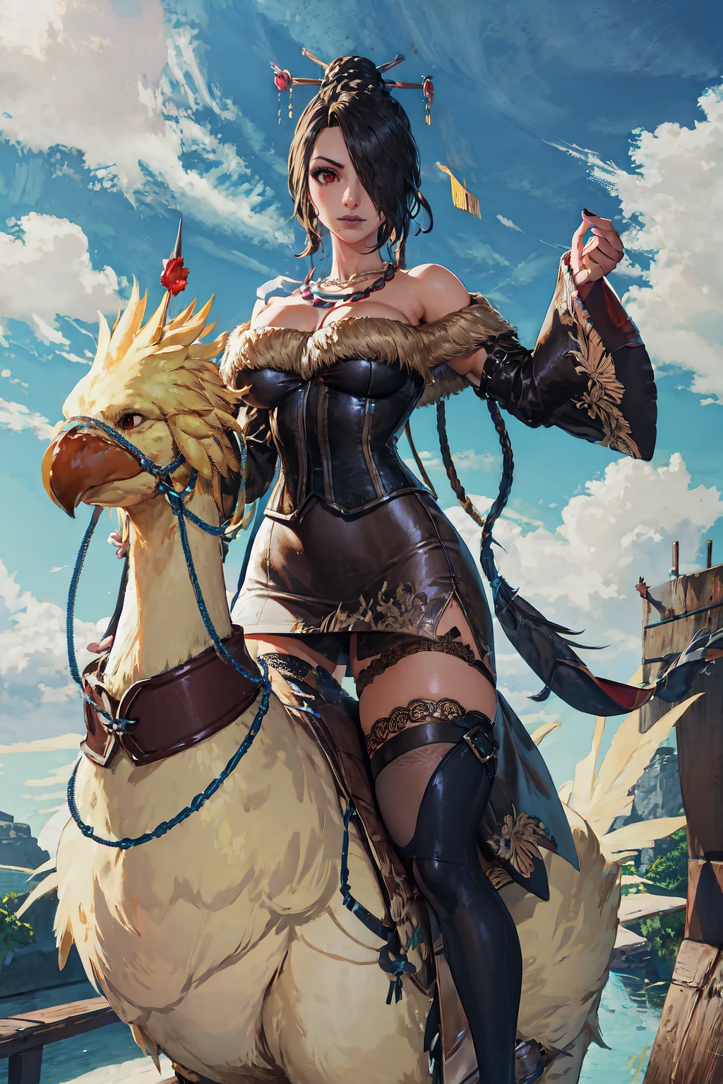 LuluX, red eyes, jewelry, strapless dress, belt, multiple belts, fur trim, off-shoulder dress, large breasts, <lora:LuluV3:1>, chocobo, riding chocobo, <lora:Pos_ChocoboRiding:1>, thighhighs,