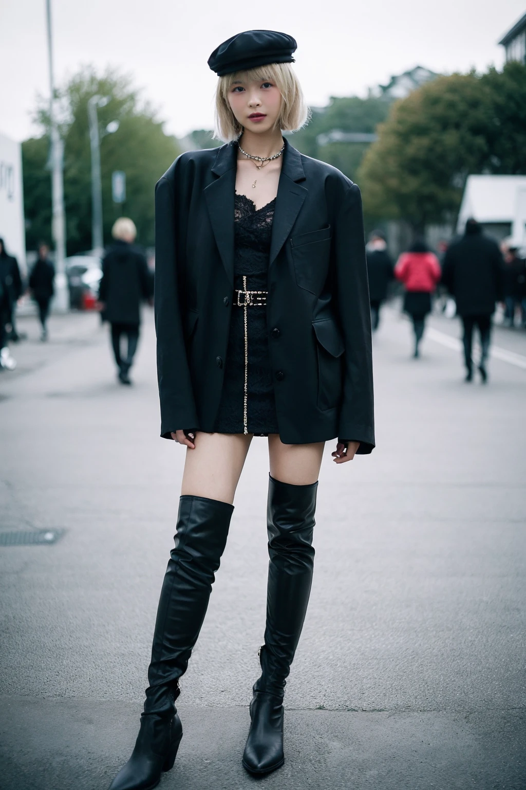 (full body:1.4),(Cinematic Aesthetic:1.4),bokeh,zaracbb,Photo of a beautiful korean fashion model,hat,(jacket),fashion,necklace,arms behind back,jewelry,bob cut,blonde hair,<lora:ZARACowboyBootsRealisticVer:1:lbw=FUZU>,
