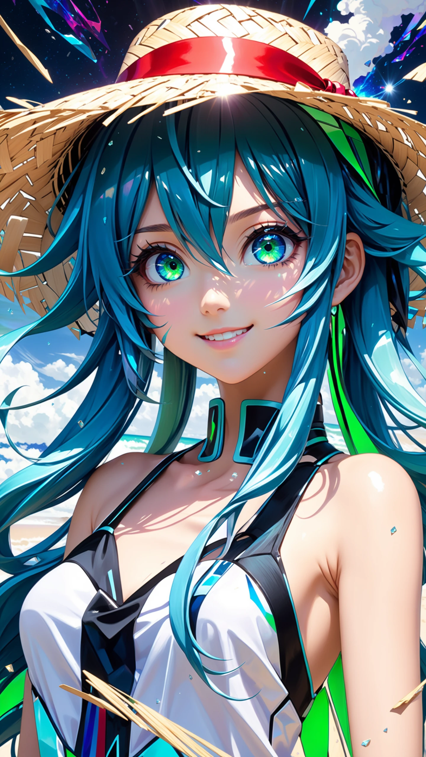 dark blue with green shades, splatter of green and blue, masterpiece, best quality, vivid colors, 35mm film, 8k uhd, hdr, realistic, intricately detailed eyes, splashy splash, detailed hair, intricate details in hair, Hatsune Miku, extremely detailed, navel, make the whole body visible, 1girl, teen, (white camisole dress, straw hat, red sash belt:1.5), (cute face, sweet, smile, bare face, big eyes, open mouth:1.4), face closeup, black glitched hair, straight hair, long hair, cowboy shot, (dynamic pause, dynamic angle, walk on sandy beach, blue sky, white cloud, blue sea:1.3), japanese, japanese idol succubus, black eyes, (best quality, ultra high res, Realistic, RAW photo, portrait photography, photorealistic, detailed skin, fair skin, beautiful detailed eyes), neon lit broken glass in shape of woman, galactic canvas shattered hopes and dreams, crystalline breakage, cracks in the fabric of space, crystalline eyes, strokes of art, sharp edges and lines, artistic, neon colors, colorful, sharp, inter-dimensional cracks, limitless faults in the data, curved cracks, fragmented, breaking off, pieces of nature, fragments of destruction, fragments of dreams, ultra detailed, intricate, masterpiece, best quality, detailed, highest quality, highest details, vortex dream, cosmic color splash artwork, (opal chatoyance cloud background:1.2), trendy, ultra HD, true 4K anamorphic, realistic photo