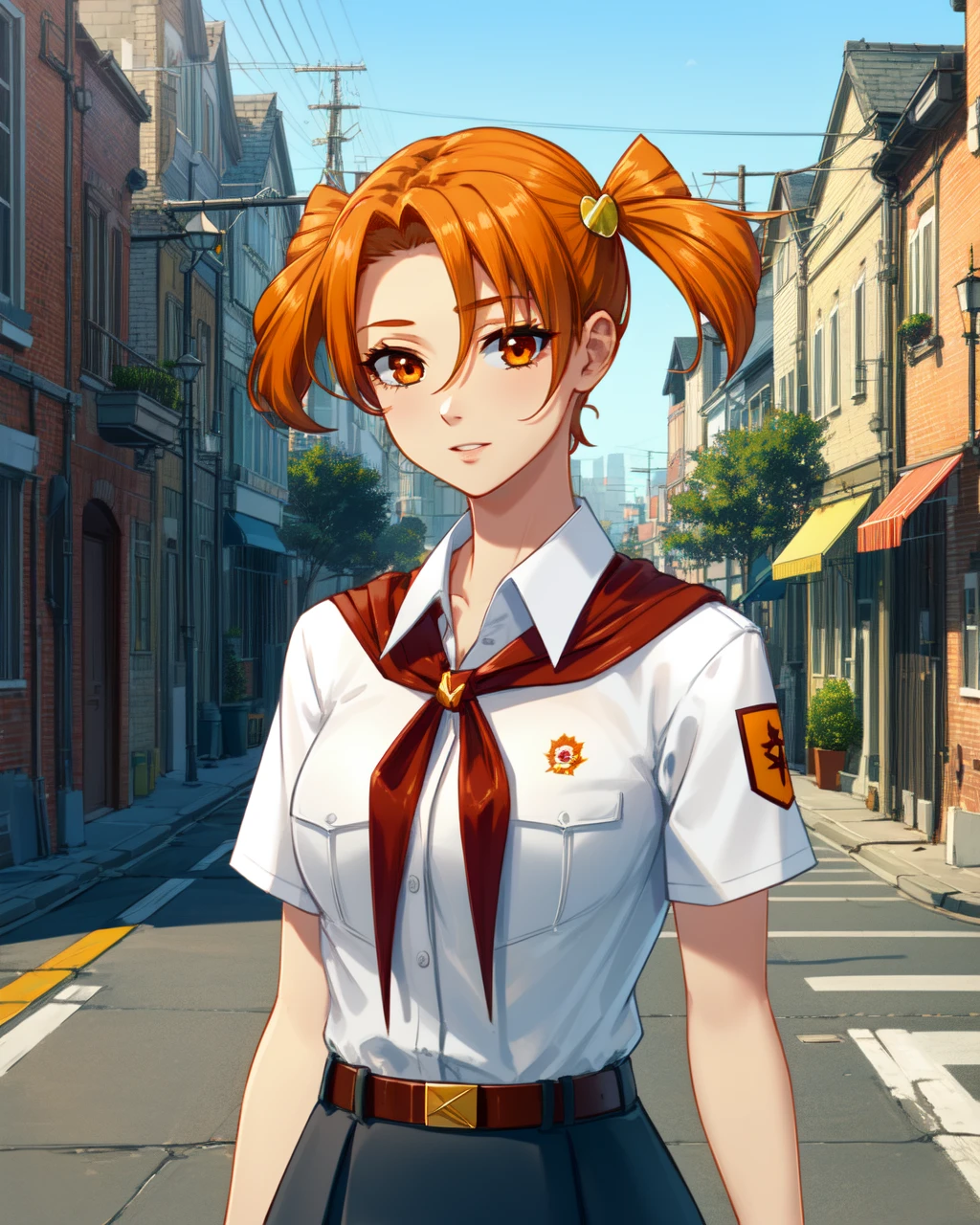 masterpiece, high quality, blalisa, 1girl, medium shot, upper body, orange eyes, orange hair, short twintails, white shirt, red badge on shirt, red bow-tied neckerchief, leather belt, blue skirt, yellow hairpin, outdoors, day, street, city, <lora:blalisa-000006:0.75>, <lora:add_detail:0.5>