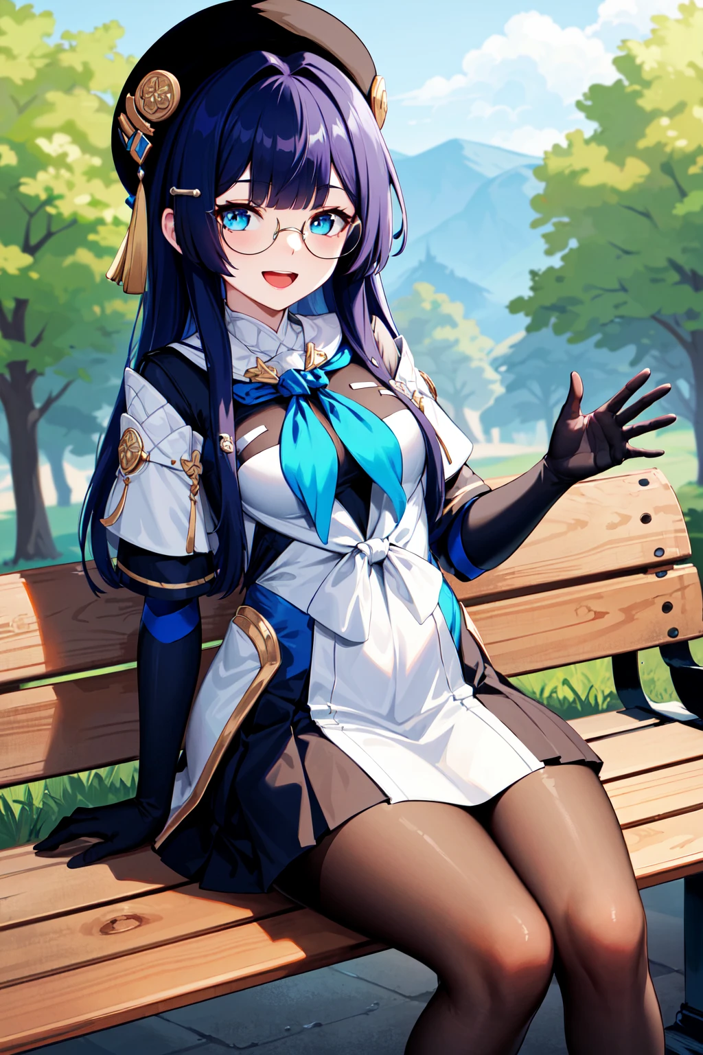 masterpiece, best quality, highres, aapela, long hair, hat, black headwear, hair ornament, glasses, blue neckerchief, dress, elbow gloves, black gloves, pleated skirt, black skirt, black pantyhose, <lora:pela_v1:0.7>, sitting, bench, waving, smile, open mouth, outdoors