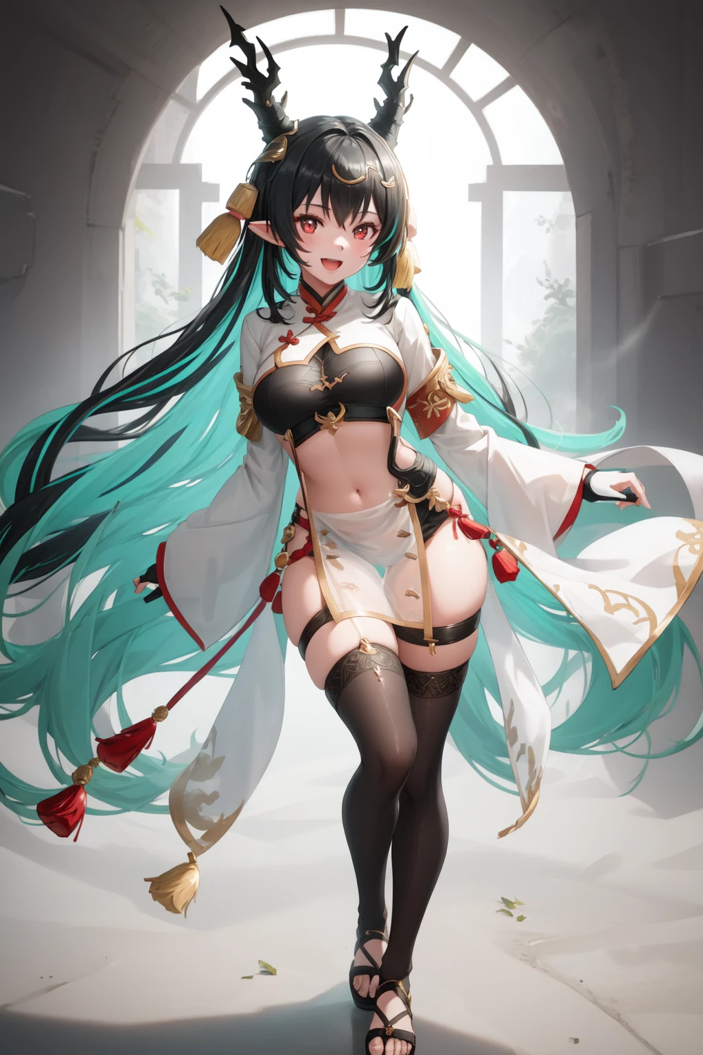 1girl, masterpiece, best quality,  harsd, multicolored hair, horns, pointy ears, streaked hair, hair ornament, chinese clothes, clothing cutout, black thigh highs, detached sleeves, see through pelvic curtain, sandals, multicolored eyes,  one side fingerless gloves, okobo, naughty face, smile, open mouth, facing viewer,   <lora:HaruGBF_1412866:1>, full body, mature female,