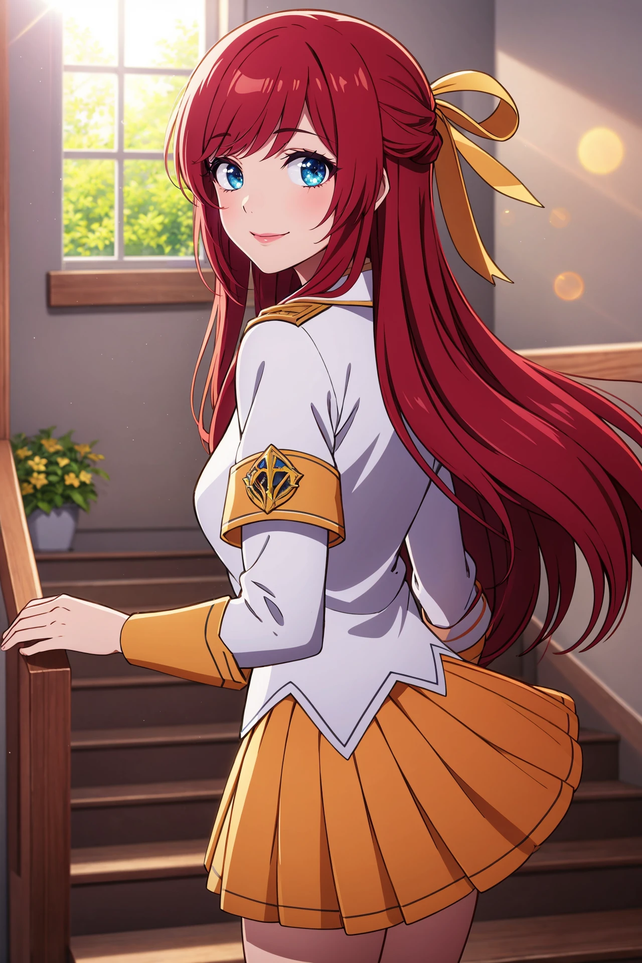 (masterpiece, best quality:1.2), intricate details, <lora:GoodHands-beta2:1>, <lora:lol_pba_lux-000018:0.8>, pba lux, 1girl, collared shirt, pleated skirt, hair ribbon, epaulettes, ascot, light smile, shiny hair, red hair, indoors, looking at viewer, looking back, window, lens flare, floating hair, from behind, stairs, shiny, sunlight, sparkle, dynamic colors, vivic colors