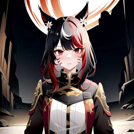 1girl, solo, ryn, pvp_glam, cave, underground, red eyes, multicolored hair, black hair, (dark red hair gradient), miqo'te, facial mark, animal ears, cat ears, (head flower:0.8), white flower<lora:Ryn_WoL_4outfits_cycle2:0.6>