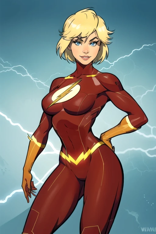 masterpiece,best quality,extreme detail,8k,image sharpness,<lora:flash-20:0.8>,flashwoman,1girl,solo,breasts,smile,short hair,blue eyes,blonde hair,large breasts,boots,v,bodysuit,watermark,wariza,skin tight,web address,electricity,animification,superhero,standing pose,