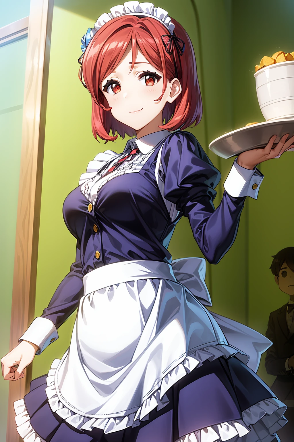 best quality, 1girl, solo, short hair, bangs, brown eyes, red hair, (apron, dress, frilled apron, long sleeves, maid, maid apron, maid headdress, puffy sleeves, skirt, skirt basket, white apron:1.1), ariadoa_aria, smile, look at viewer