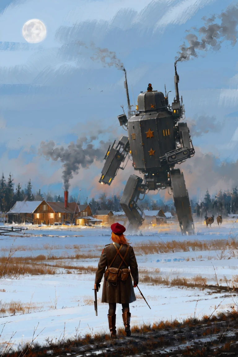(masterpiece, best quality:1.2),intricate details <lora:JakubRozalskistyleV1:1>JakubRozalskistyle, 1girl, solo, hat, holding, standing, weapon, boots, from behind, holding weapon, orange hair, gun, military, glowing, robot, mecha, rifle, science fiction, night time, foggy, blue light