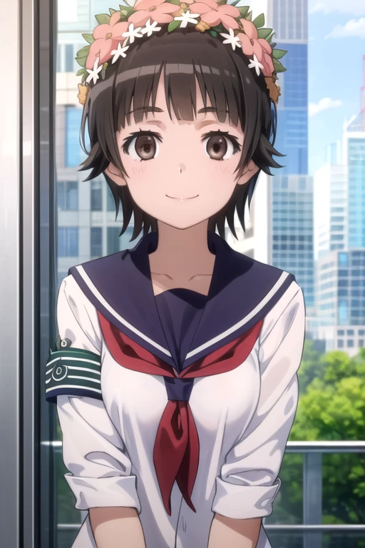 (((pixel-perfect, detail-perfect))), solo, 1girl, <lora:uiharu-toaru-01:0.8>, uiharu kazari, sakugawa school uniform, armband, looking at viewer, smile, upper body