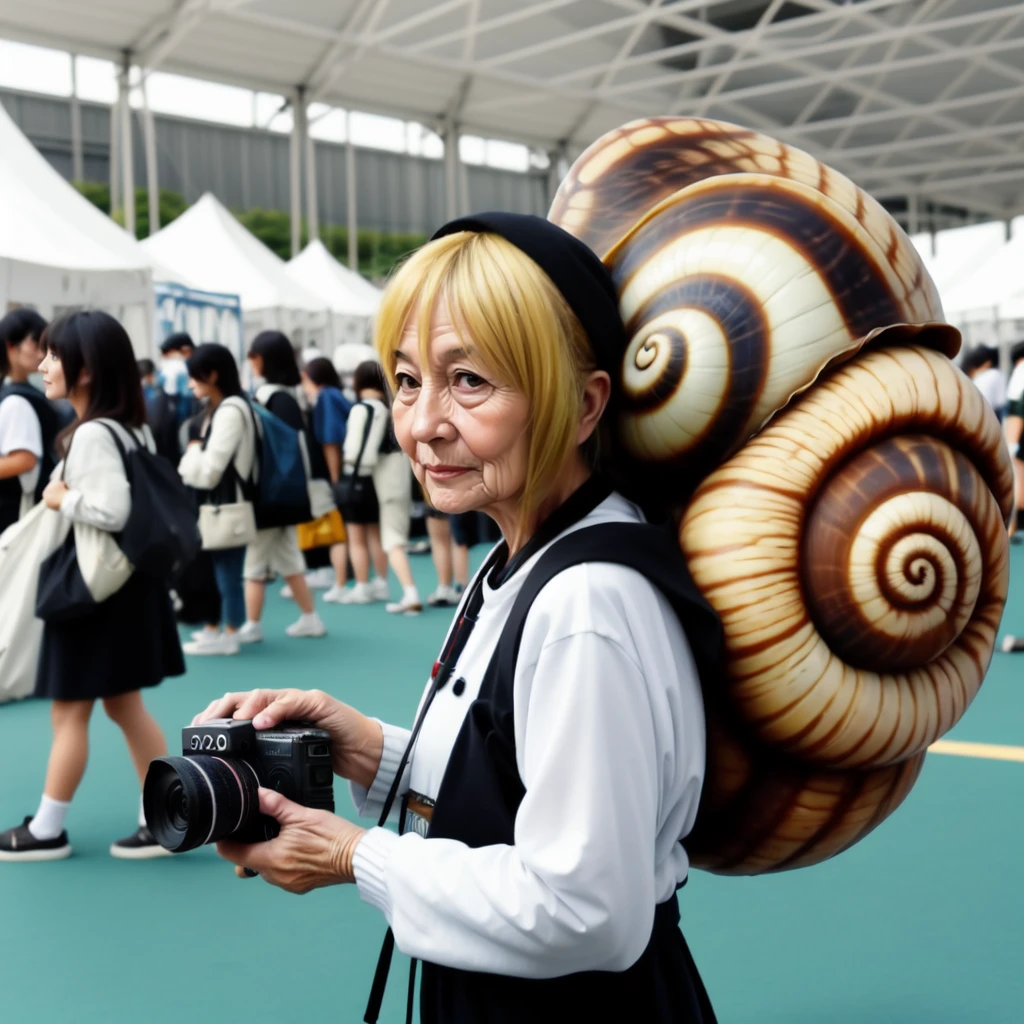 <lora:snail_tourist_v1:0.5>, camera, snail shell, taking picture, old woman, long sleeves, blonde_hair, holding_camera, looking at viewer, tail, from side, snail, snailtourist, SNTR, snail tourist, spiral, realistic, comiket, indoors