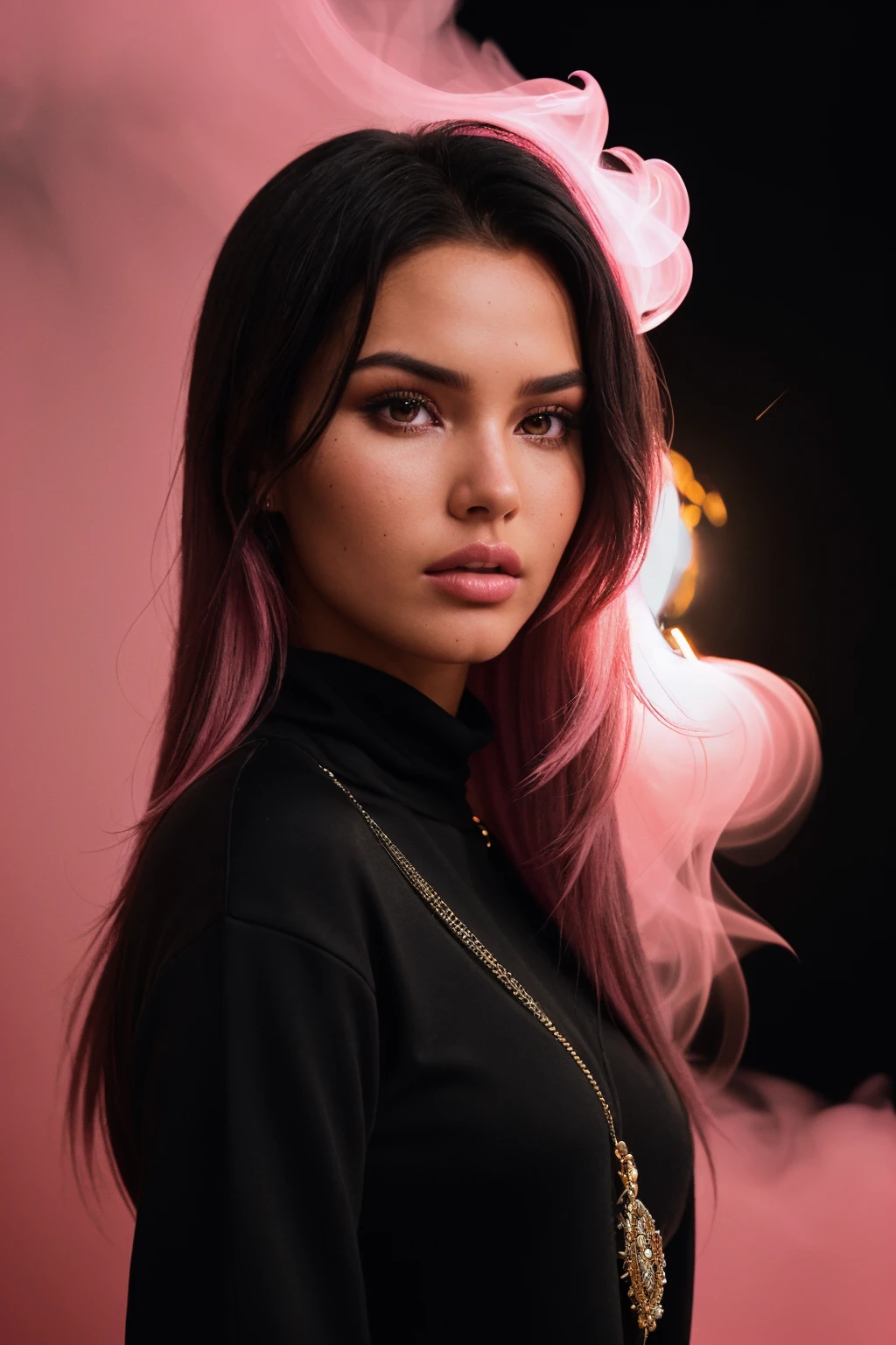 DV_Vicky_Vicious ((Black Theme, Black backdrop:1.4)) (Close-Up Shot, headshot:1.4)wearing (Black sweatshirt :1.4) 35mm, F/2.8 ((Photo Focus, DOF, Aperture, insanely detailed and intricate, character, hypermaximalist, elegant, ornate, beautiful, exotic, revealing, appealing, attractive, amative, hyper realistic, super detailed, heresy flares)) (volumetric pink smoke:1.3) (pink lens flare:1.2)(sharpness:1.3)(details:1.3)