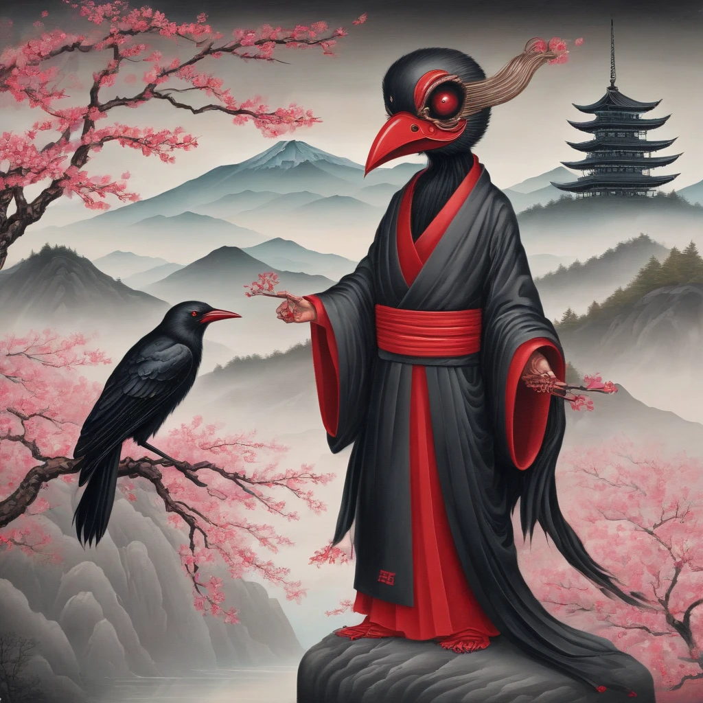 Illustration of a majestic crow with elongated legs, wearing traditional Japanese tengu attire, including a red mask and flowing robes, set against a backdrop of vibrant cherry blossoms and a misty mountain landscape, with the crow gazing confidently into the distance., surreal, lowbrow art style <lora:LowBrowXL:1>
