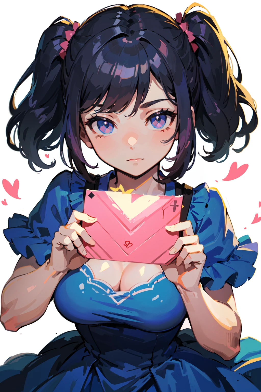BREAK 18 year old female looking at viewer, staring, hair, pink eye, lovely giant breasts, sky blue dress, (love letter:1.2), BREAK (white background:1.3), daytime, sun, sunshine, (best quality, masterpiece:1.1),