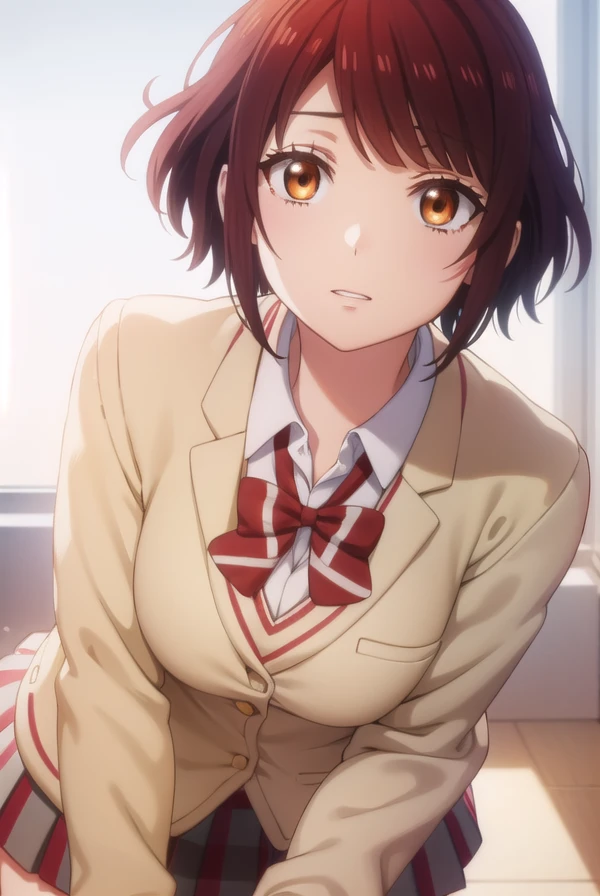 miyabiitou, <lora:miyabi itou s1-lora-nochekaiser:1>,
miyabi itou, short hair, brown hair, (brown eyes:1.3),
BREAK skirt, bow, school uniform, jacket, pleated skirt, plaid, plaid skirt, blazer,
BREAK indoors, classroom,
BREAK looking at viewer,
BREAK <lyco:GoodHands-beta2:1>, (masterpiece:1.2), best quality, high resolution, unity 8k wallpaper, (illustration:0.8), (beautiful detailed eyes:1.6), extremely detailed face, perfect lighting, extremely detailed CG, (perfect hands, perfect anatomy),