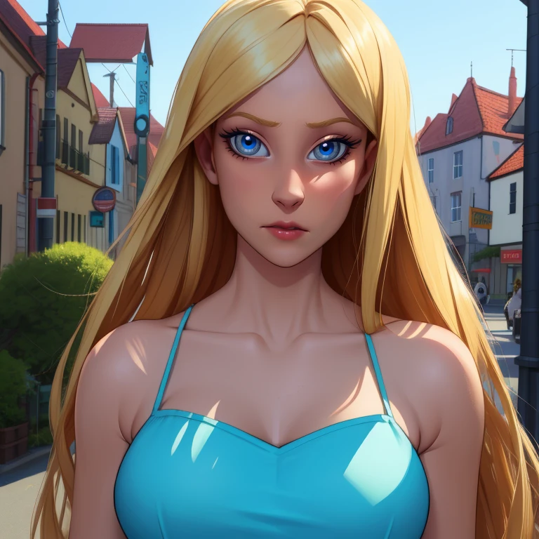 Cornelia,long blond hair,blue eyes,solo,
standing,upper body,jeans,
outdoors,town,
morning,dress,bare shoulders,
(insanely detailed, beautiful detailed face, masterpiece, best quality),<lora:CorneliaHale-10W2:0.8>,