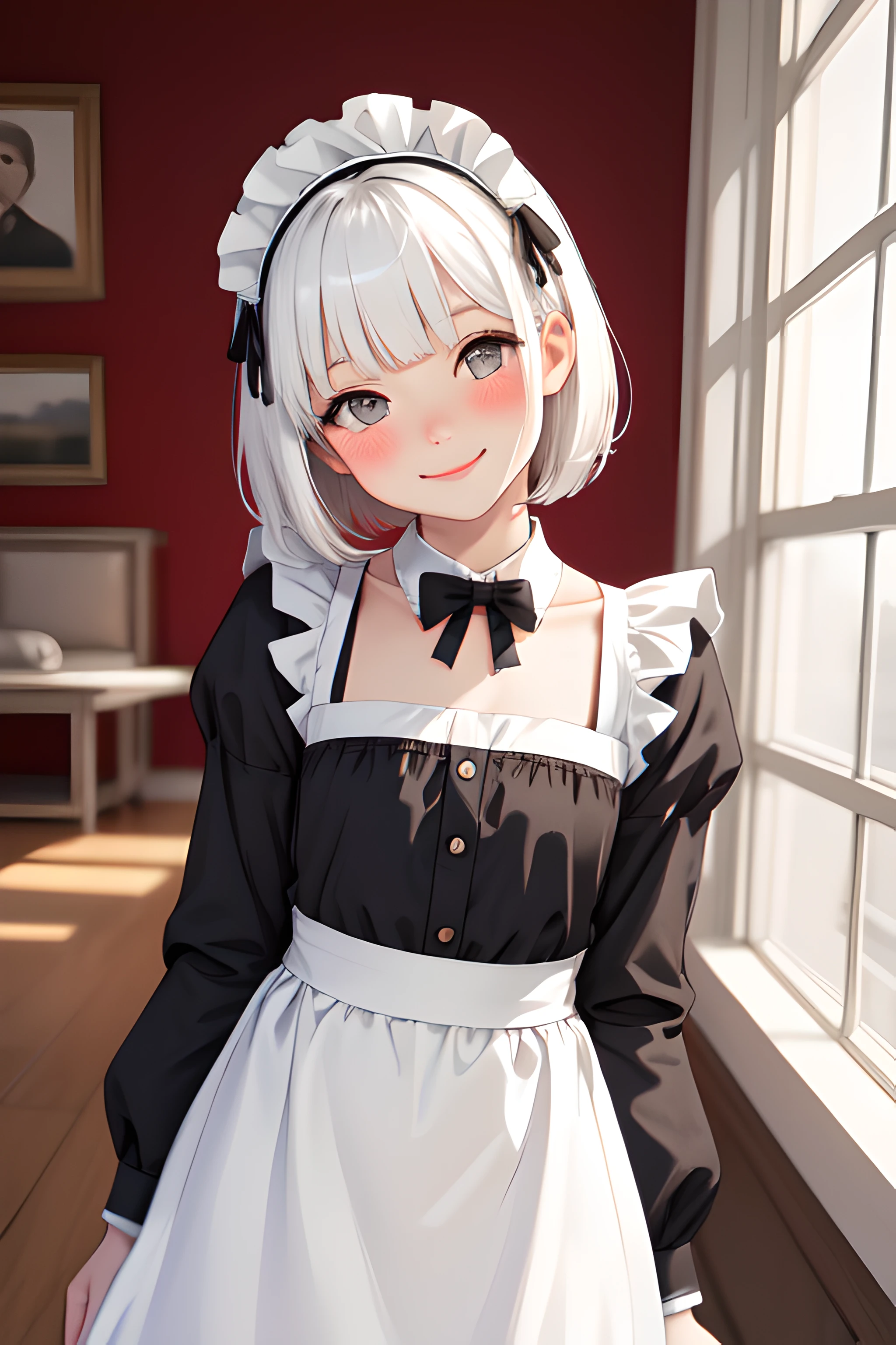 (masterpiece, best quality), 1girl, solo, white hair, short hair, straight hair, blunt bangs, grey eyes, flat chest, narrow waist, petite, pale skin, mansion, indoors, maid, maid headdress, maid apron, cowboy shot, blush, light smile, head tilt, bowing
