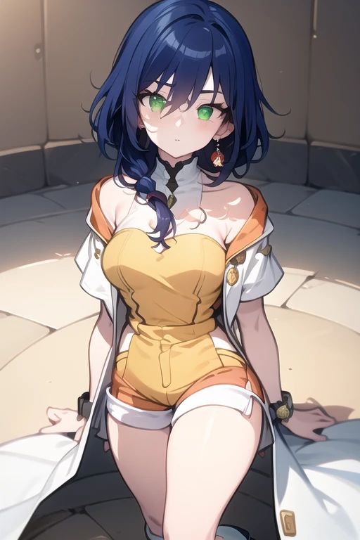 1 girl, <lora:Fabia_Sheen_Bakugan_Gundalian_invaders:1.2>, , fabia_Sheen, blue_hair, long_hair, green_eyes, pink ear rings, white_coat, bare_shoulder, yellow_shirt, short_sleeves, shorts, yellow_shorts, orange_patches,blue thighhigh socks, white boots, wristwatch,, best quality, highly detailed, masterpiece, ( bad_prompt_version2:0.6), best quality, highres, 4k, ultra-detailed, beautiful detailed face, beautiful detailed eyes