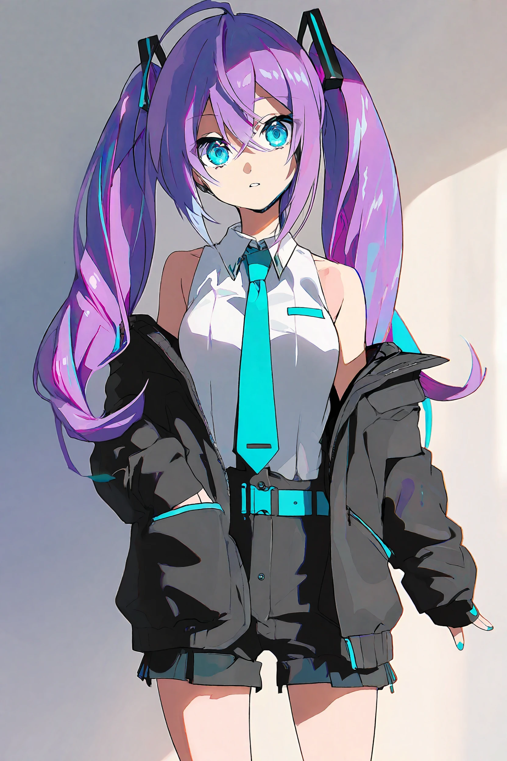 1girl, solo, cowboy shot, aqua eyes, purple hair