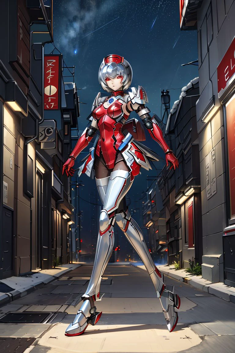 high resolution, masterpiece, high quality, perfect face, <lora:ElenorRaCaseal:.8>, Elenor, (robot, silver metal body), solid red eyes, red armor, red helmet, large breasts, extremely glossy, futuristic city, night time