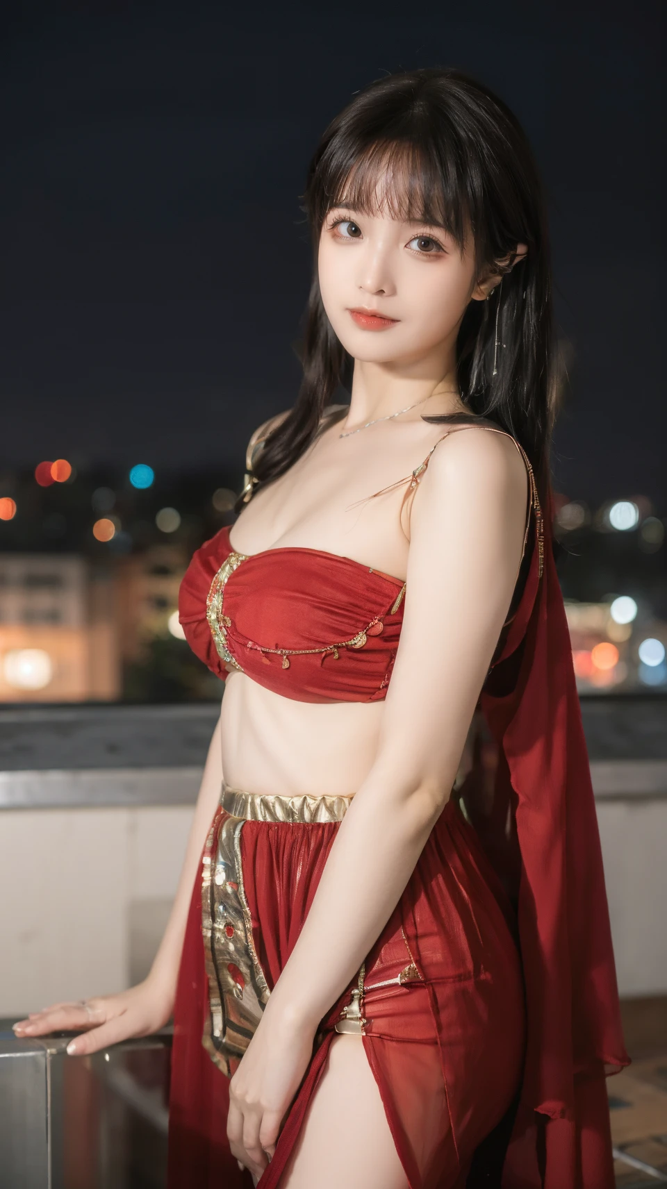 best quality,HDR,UHD,8K,Vivid Colors,solo,photo_(medium),pov,cute & girly,(night:1.4),(looking at viewer:1.5),city lights,rooftop,standing,<lora:rc36:0.8>,rc,breasts,jewelry,midriff,red dress,<lora:momo:0.5>,