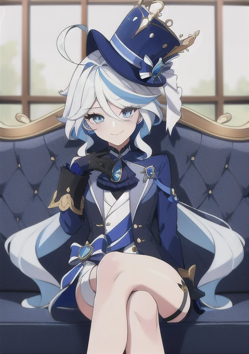 <lora:furina:0.7>furina, 1girl, solo, long hair, looking at viewer, smile, bangs, blue eyes, gloves, long sleeves, hat, jewelry, sitting, closed mouth, blue hair, jacket, ahoge, white hair, multicolored hair, shorts, black gloves, indoors, blurry, streaked hair, blurry background, crossed legs, blue jacket, brooch, couch, blue headwear, top hat, on couch