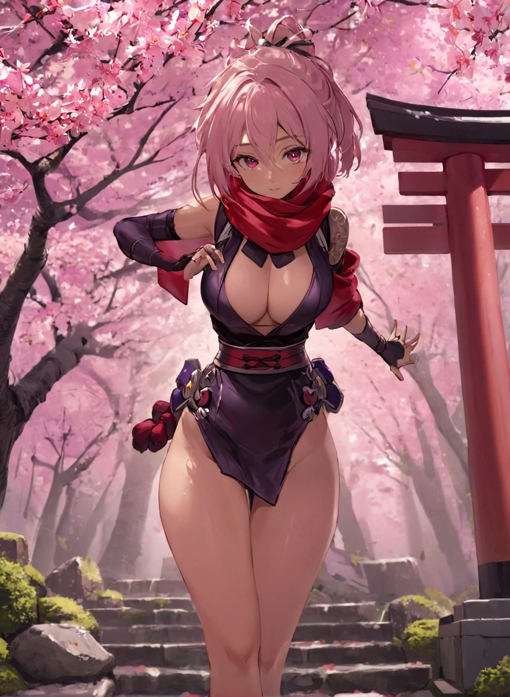 ninja, 3d render, <lora:Ninja_XL:1.2> ninja, wearing a scarf, wearing a ninja costume, classic costume, under a sakura tree, at a japanese shrine, full body, (masterpiece), best quality, highres, 4k, 8k, cinematic lighting, amazing quality, amazing shading, soft lighting, ultra detailed skin, ultra detailed face, perfect eyes, small skin imperfections, 35mm, analog style, a realistic photo, film grain, (photorealistic:0.6), taken by a canon eos r5, 1girl, Updo, medium boobs, Toned body, multi colored eyes, Blonde hair