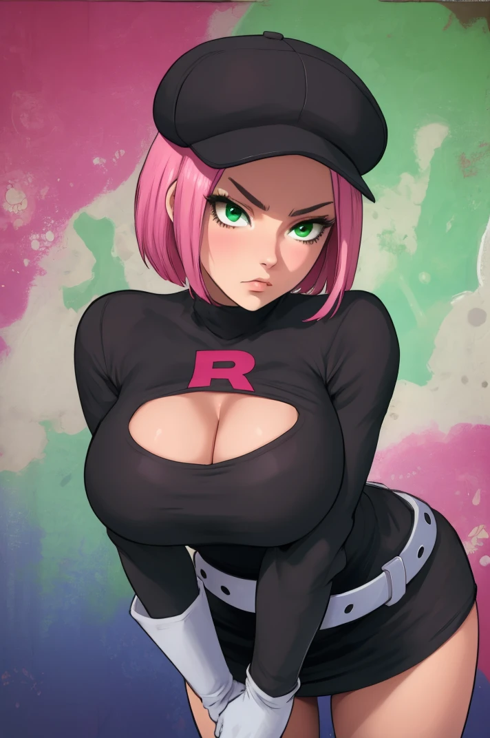 rcketgrunt,short hair,pink hair,green eyes,
team rocket uniform,hat,belt,white gloves,black turtle neck,long sleeves,
solo,upper body,standing,serious,black miniskirt,leaning forward,cleavage,red R,
secret base,
(insanely detailed, beautiful detailed face, masterpiece, best quality),<lora:RocketGrunt-10:0.9>,