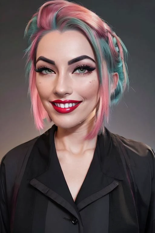 a woman ((adorable face, pleasing eyes, smiling mouth, looking away, closeup portrait:1.43)) with (two-toned hair:1.35), (gradient hair), (dark green hair) fading to (pink hair), beautiful grey eyes, french braid, full lips, (Glossy red lips:1.33), (bold thick eyebrows:1.2), (mascara:1.15), (eyeliner:1.3), (eyeshadow:1.35), (dark background:1.75), (backlighting:1.46)