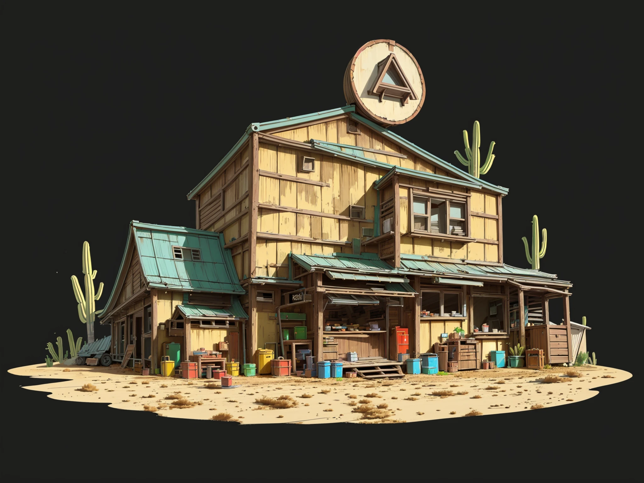 HEZI, Game single building scene, no humans, sign, scenery, cactus, crate, plant, grey background, sand, simple background, desert, road sign, barrel, building, outdoors, rock, drum \(container\), door, tire, window, stairs, potted plant, railroad tracks, ruins, chair, day, house, wood, ground vehicle, shadow, black background, shop, road, beach,<lora:çåç³»åââæ¬§ç¾å使¦å¿µåºæ¯:0.6>,
