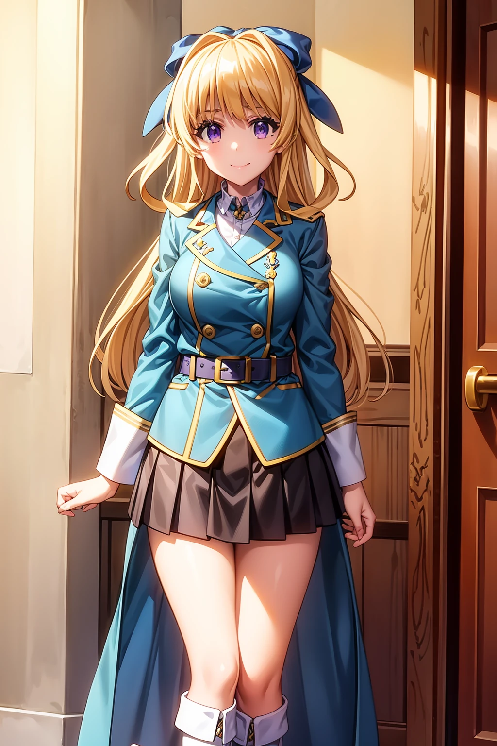 masterpiece, best quality, 1girl, solo, long hair, looking at viewer, closed mouth, smile, blonde hair, purple eyes, hair bow, night, blue bow, rista_ristarte, belt, buttons, green jacket, jacket, knee boots, long sleeves, military, military uniform, skirt, solo, standing, uniform